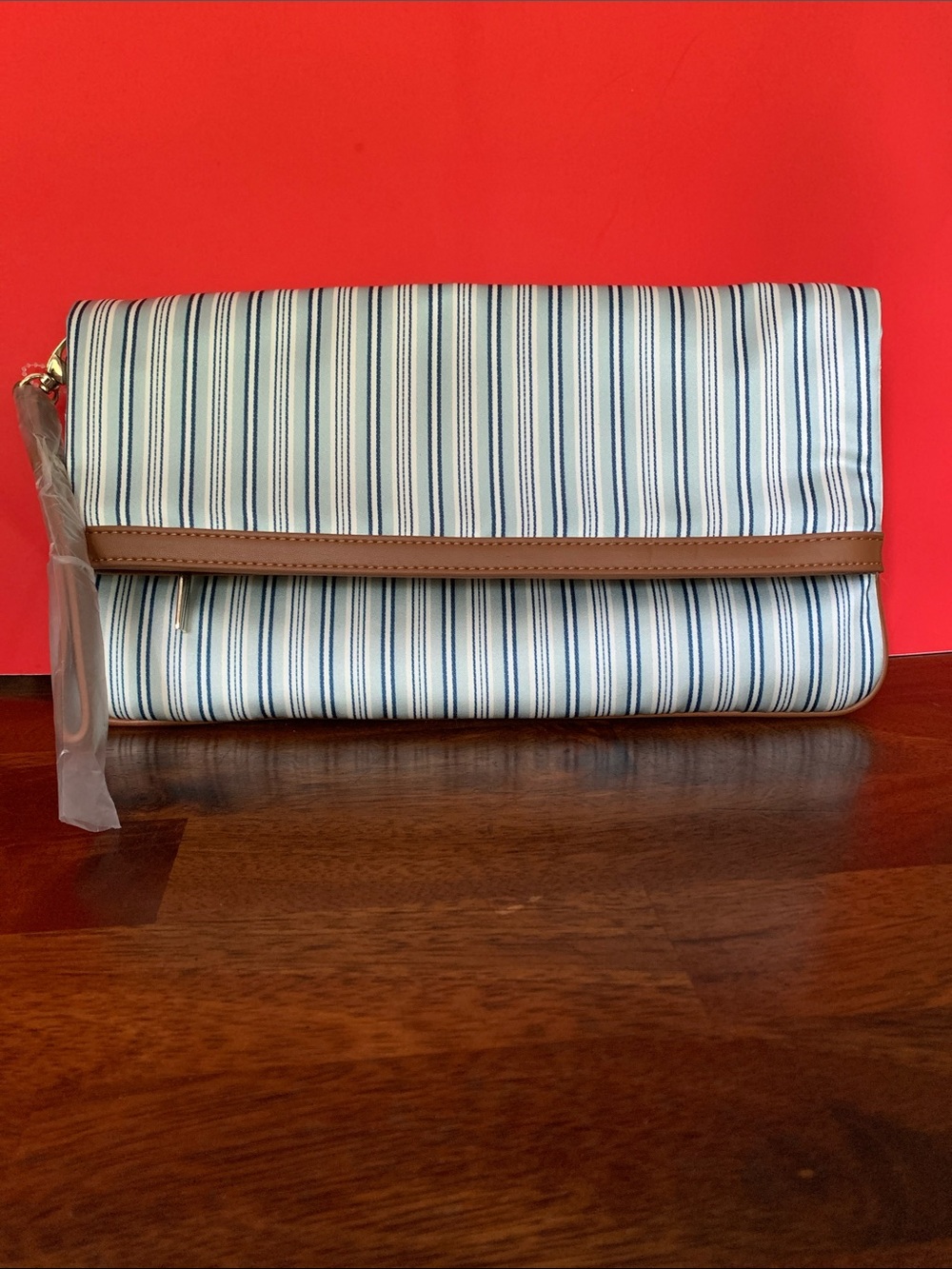 White House Black Market Blue and White Striped Fold-Over Clutch with Brown Trim